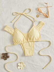 Swim Vcay Bộ bikini 2 mảnh nữ màu trơn nhún bèo, dây buộc cổ halter gợi cảm, đồ bơi đi du lịch - Màu vàng - Xem 6