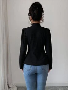 Elenzga 女士优雅纯色格纹质感面料立领长袖高端优雅外套，适合感恩节、万圣节、街头风、秋冬季穿着。 - 黑色 - 查看 2