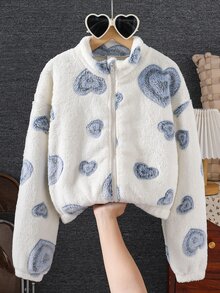 SHEIN Reset Phase 大女孩秋冬抓絨拉鍊夾克，可愛藍色愛心印花毛絨立領外套，保暖柔軟日常、校園與假日穿搭外衣 - 藍色 - 查看 4