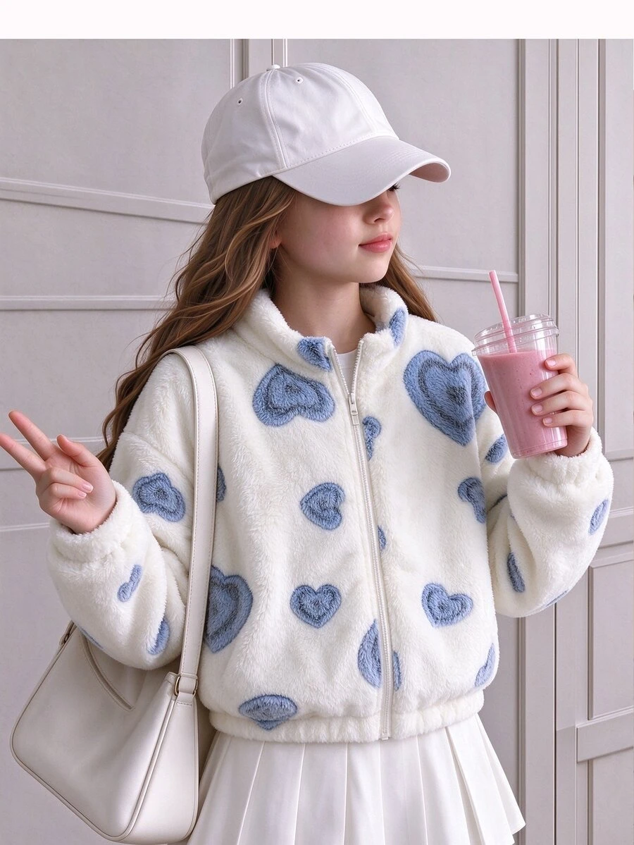 SHEIN Reset Phase 大女孩秋冬抓絨拉鍊夾克，可愛藍色愛心印花毛絨立領外套，保暖柔軟日常、校園與假日穿搭外衣