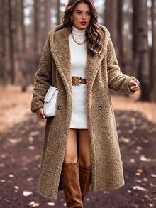 Velvienne Women's Plus Size Fuzzy Hooded Long Coat, Casual Outdoor Jacket For Autumn/Winter - Brown - View 3