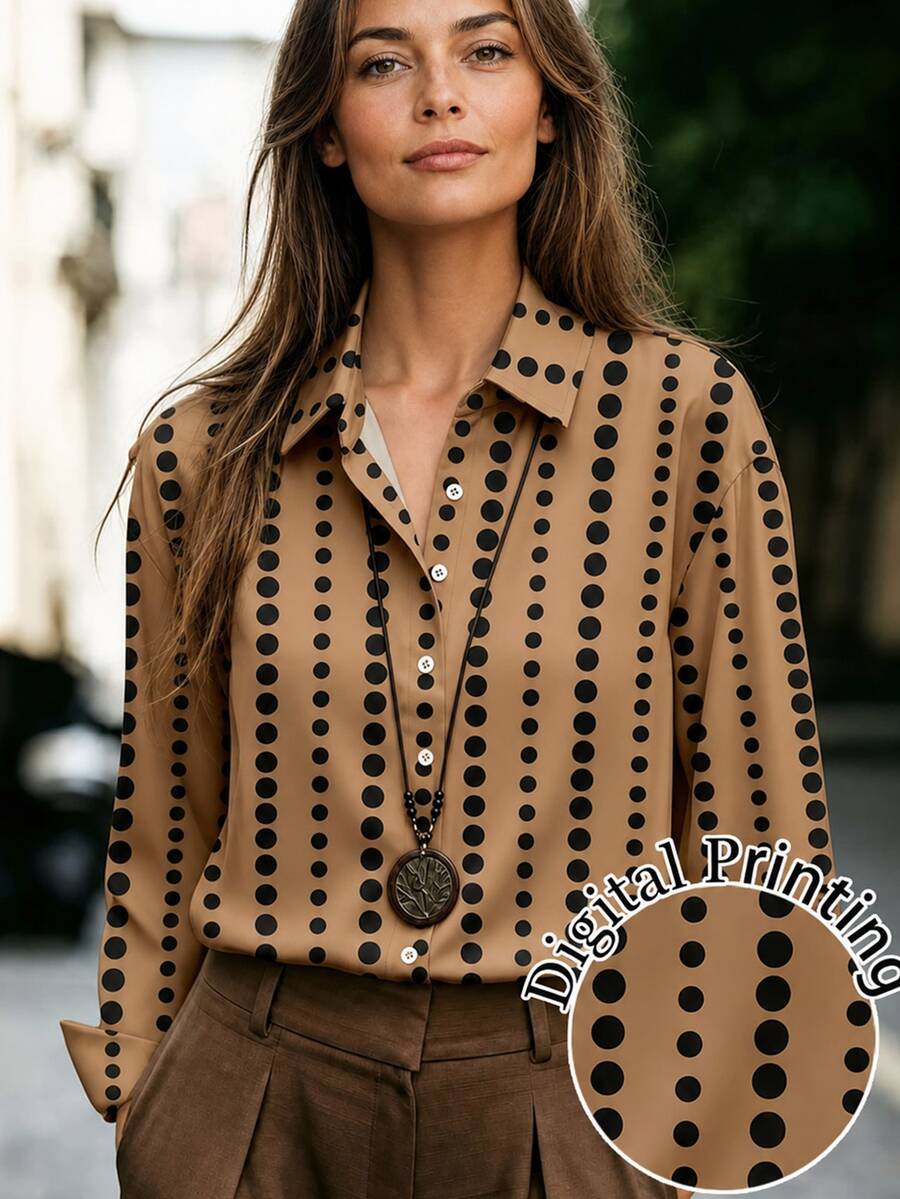 Trelyra Women's Striped Patchwork Casual Versatile Daily Outing Shirt - Coffee Brown - View 1