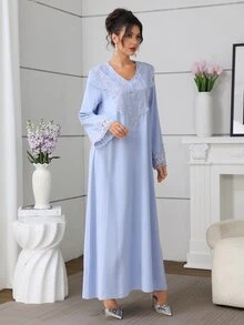 Mulvari 女款純色V領寬鬆刺繡領優雅長袖喇叭裙 - 藍色 - 查看 7