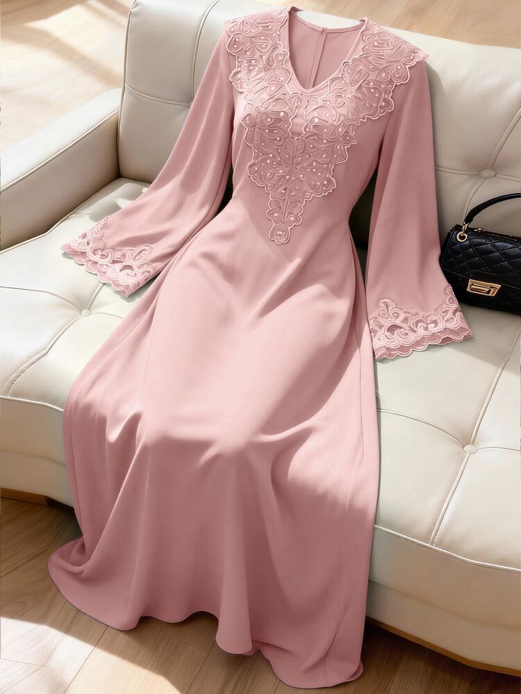 Mulvari Solid Color V-Neck Loose Embroidered Collar Floral Long Sleeve Elegant Swing Dress For Women - Pink - View 3
