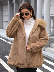 SHEIN LUNE 大尺碼女款毛領拉鍊口袋設計冬季夾克，適合外出、機場、辦公室、派對、夜店，卡其色休閒簡約寬鬆俐落風 - 棕色 - 查看 7