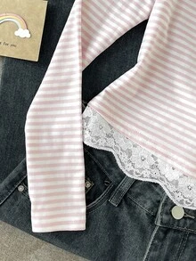 SHEIN Áo thun tay dài cổ Henley kẻ sọc hồng trắng, cài nửa nút, 2 trong 1, gấu ren, dáng ôm, dáng ngắn, mặc trong, cho xuân thu - Hồng - Xem 4