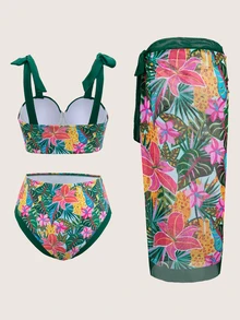 SHEIN Swim 3pcs Tropical Print Bikini Set For Beach In Summer Beach - Multicolor - View 7