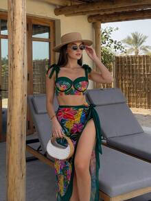 SHEIN Swim 3pcs Tropical Print Bikini Set For Beach In Summer Beach - Multicolor - View 9