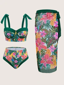 SHEIN Swim 3pcs Tropical Print Bikini Set For Beach In Summer Beach - Multicolor - View 4