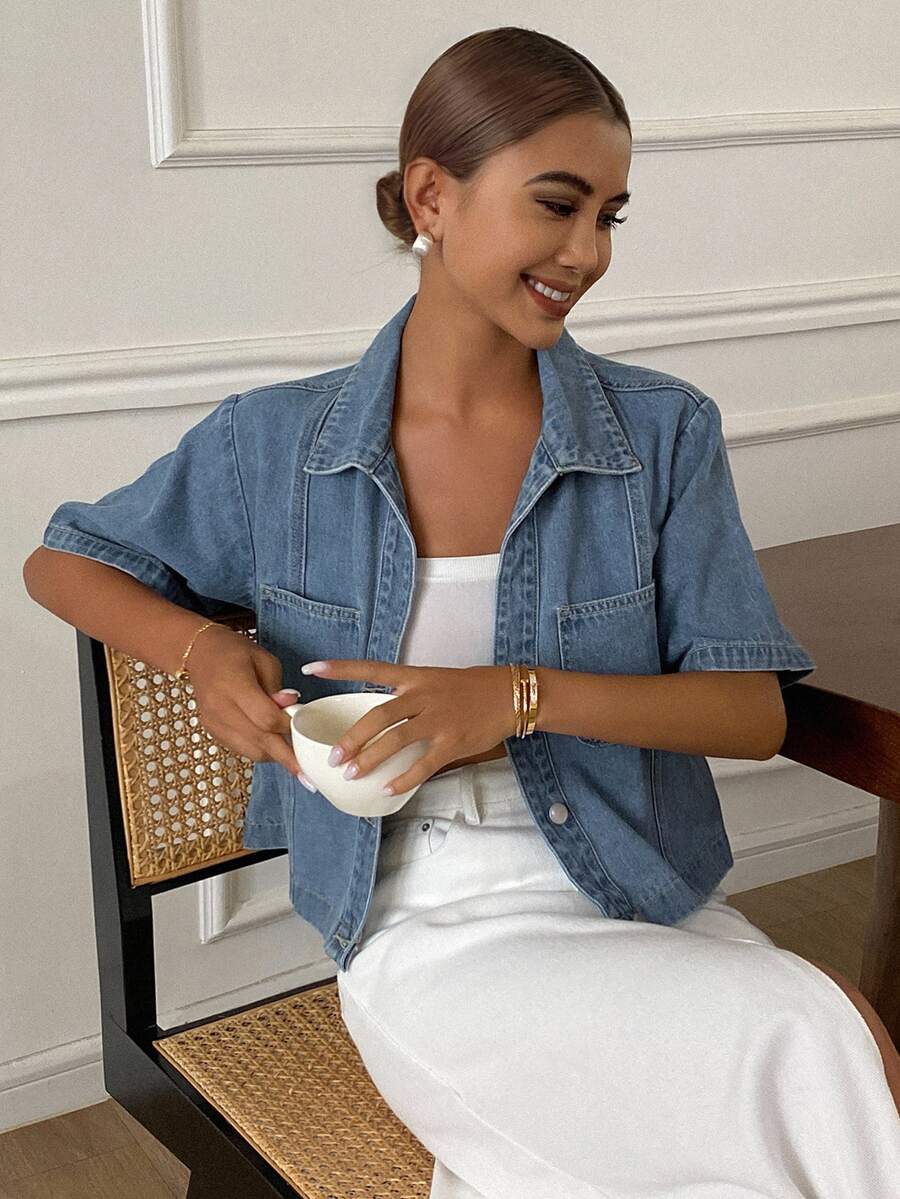 Livesso Women's Casual Washed Patch Pocket Button Front Short Sleeve Denim Jacket, Summer - Blue - View 1