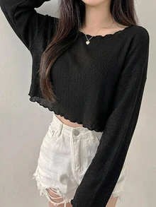 Livesso 女士纯色黑色长袖短款上衣，春秋季外出 - 黑色 - 查看 6