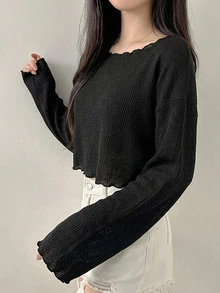 Livesso 女士纯色黑色长袖短款上衣，春秋季外出 - 黑色 - 查看 4
