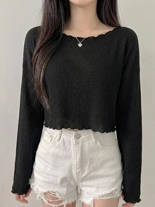 Livesso 女士纯色黑色长袖短款上衣，春秋季外出 - 黑色 - 查看 7