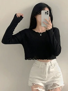 Livesso 女士纯色黑色长袖短款上衣，春秋季外出 - 黑色 - 查看 8