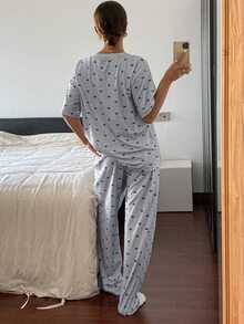 Livesso Conjunto de pijama informal con parte superior estampada con lazo y pantalón - Gris - Ver 2