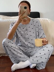 Livesso Conjunto de pijama informal con parte superior estampada con lazo y pantalón - Gris - Ver 5