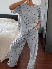 Livesso Conjunto de pijama informal con parte superior estampada con lazo y pantalón - Gris - Ver 4