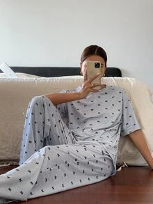 Livesso Conjunto de pijama informal con parte superior estampada con lazo y pantalón - Gris - Ver 3