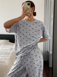 Livesso Conjunto de pijama informal con parte superior estampada con lazo y pantalón - Gris - Ver 6