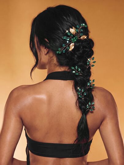 Aravennia 5 piezas Peinetas con hojas verdes y cristales, accesorios para el cabello, tocado nupcial para boda