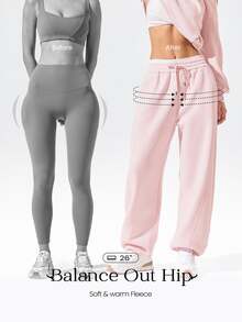GLOWMODE Everyday Fleece Chill Season Soft Warm Hip Curved Adjustable Drawstring Hem Waist Side Pockets Wide-Leg Joggers Pants Outdoor Casual - Dusty Pink - View 1