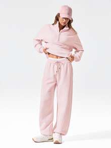 GLOWMODE Everyday Fleece Chill Season Soft Warm Hip Curved Adjustable Drawstring Hem Waist Side Pockets Wide-Leg Joggers Pants Outdoor Casual - Dusty Pink - View 7