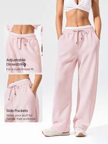 GLOWMODE Everyday Fleece Chill Season Soft Warm Hip Curved Adjustable Drawstring Hem Waist Side Pockets Wide-Leg Joggers Pants Outdoor Casual - Dusty Pink - View 5