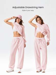 GLOWMODE Everyday Fleece Chill Season Soft Warm Hip Curved Adjustable Drawstring Hem Waist Side Pockets Wide-Leg Joggers Pants Outdoor Casual - Dusty Pink - View 3