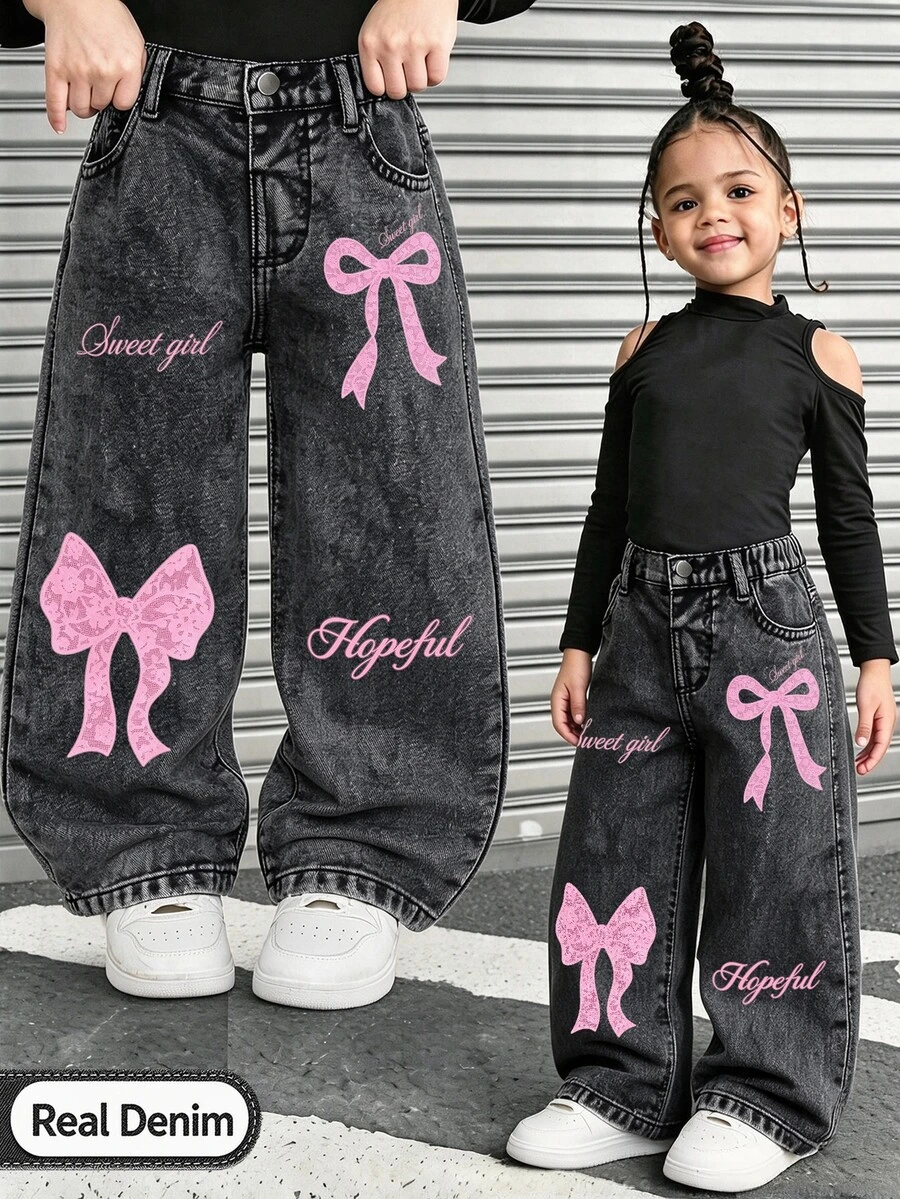 Young Girl) New Pink Bow Digital Print Design Casual Fashion Minimalist Versatile Grey Washed Straight Leg Denim Jeans - Dark Grey - View 1