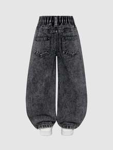 Young Girl) New Pink Bow Digital Print Design Casual Fashion Minimalist Versatile Grey Washed Straight Leg Denim Jeans - Dark Grey - View 4