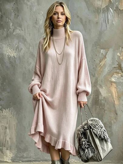 Omancia Vestido de punto holgado de cuello semi alto rosa para mujer, otoño/invierno, con bajo con volantes, bajo asimétrico, ambiente suave y relajado, adecuado para Acción de Gracias, Navidad, ir al trabajo, casa, compras, fiesta, viajes, dulce, perezoso, casual, de moda, vestido de punto de largo medio