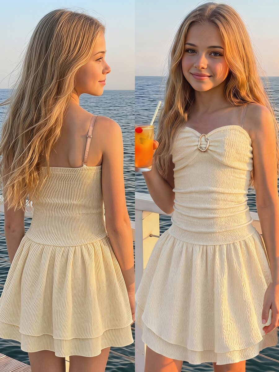 SHEIN Tween Girl Ruffle Girls Clothes 8 To 12 Years Halloween Outfit Summer Style US Style Vacation Cream White Elegant Tropical