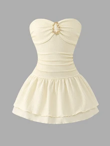 SHEIN Tween Girl Ruffle Girls Clothes 8 To 12 Years Halloween Outfit Summer Style US Style Vacation Cream White Elegant Tropical - Apricot - View 3