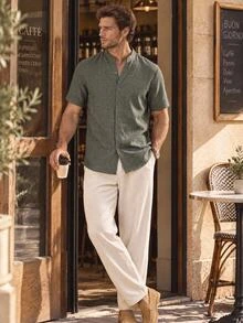 Manfinity RebelGame Men's 2-Piece Linen Set ,Summer Matching Outfit ,Short Sleeve Vacation Wear Cuban Collar Beach Shirt & Pants Set, Colorblock - Green - View 1