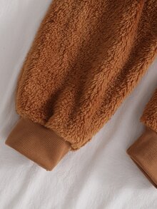 男孩 2件組居家服，青少年男孩圓領熊刺繡毛絨長袖褲，親膚保暖柔軟抓絨家居服套裝 - 棕色 - 查看 7