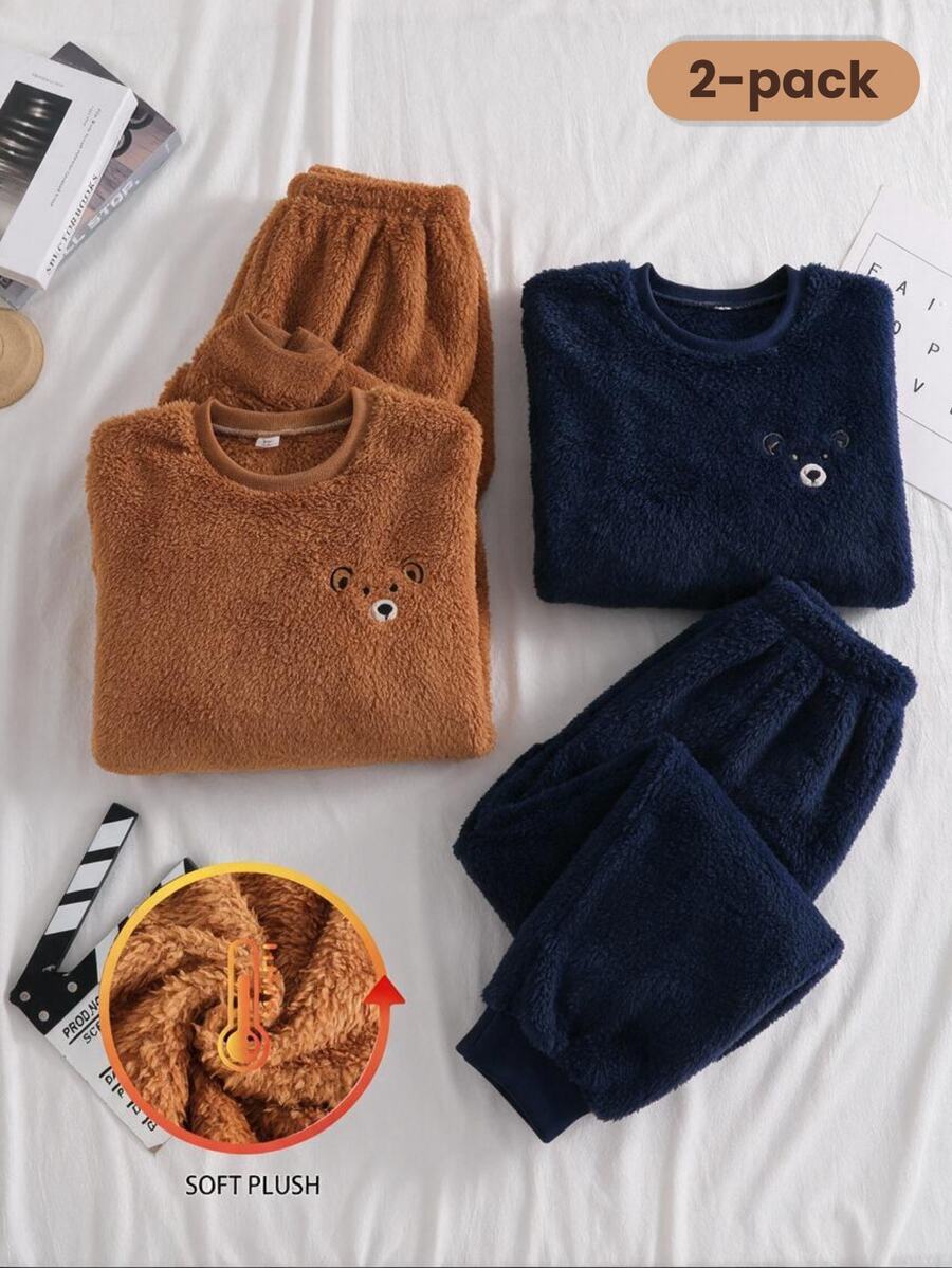 男孩 2件組居家服,青少年男孩圓領熊刺繡毛絨長袖褲,親膚保暖柔軟抓絨家居服套裝 - 棕色 - 查看 1