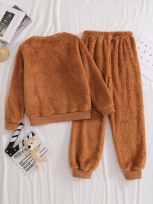 男孩 2件組居家服，青少年男孩圓領熊刺繡毛絨長袖褲，親膚保暖柔軟抓絨家居服套裝 - 棕色 - 查看 3
