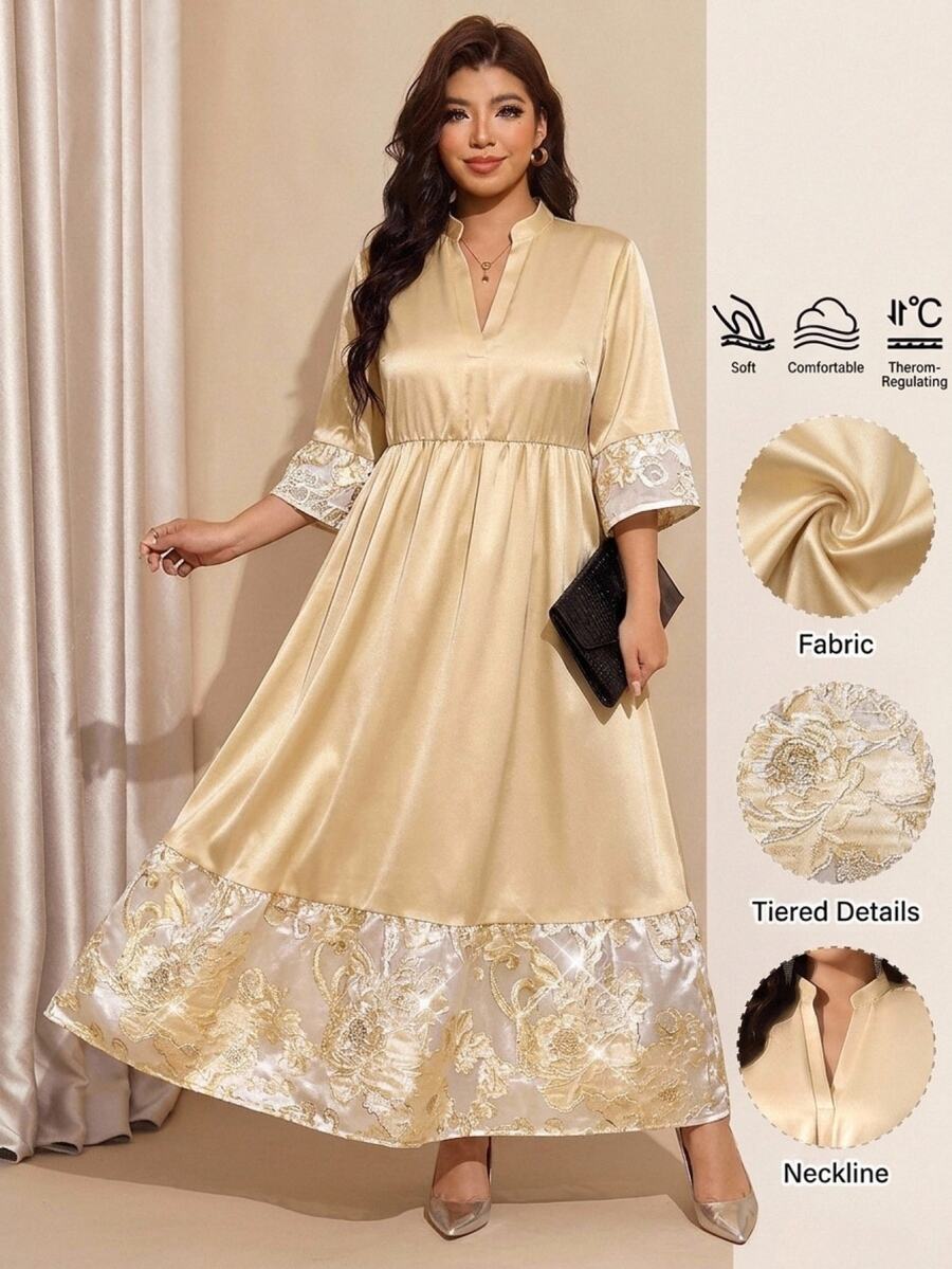 SHEIN LUNE Plus Size Women's V-Neck 3/4 Sleeve Ruffle Hem Elegant Bomber Celestial Romantic Dress Wedding Theme Party Formal Dinner Evening Beige Fall Christmas - Champagne - View 1