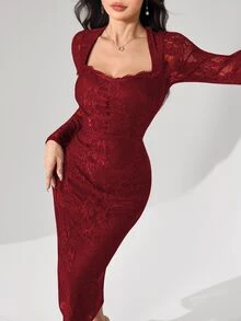 Modelyn Square Neck Lace Long Sleeve Fitted Midi Dress For Women - Burgundy - View 4