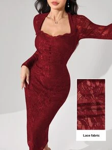 Modelyn Square Neck Lace Long Sleeve Fitted Midi Dress For Women - Burgundy - View 8