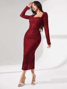 Modelyn Square Neck Lace Long Sleeve Fitted Midi Dress For Women - Burgundy - View 5