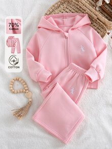 SHEIN 2件組少女粉色小馬刺繡連帽拉鍊運動衫套裝，休閒日常/校園/假期，適合春夏秋冬日常穿著 - 淺粉色 - 查看 2