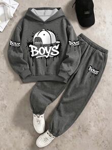 SHEIN 秋季青少年男孩連帽衛衣套裝 塗鴉字母印花連帽慢跑褲 2件組 嘻哈街頭風運動休閒寬鬆運動套裝 校園灰色 - 灰色 - 查看 2