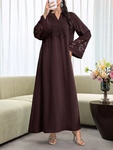 Mulvari Women Spring Summer Elegant Dark Brown Lace Embroidery Notch V Neck Button Front Loose Long Sleeve Modest Dress For Family Dinner Daily Outing - Coffee Brown - View 4