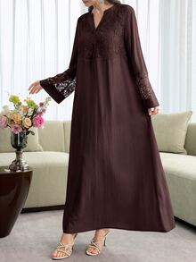 Mulvari Women Spring Summer Elegant Dark Brown Lace Embroidery Notch V Neck Button Front Loose Long Sleeve Modest Dress For Family Dinner Daily Outing - Coffee Brown - View 3