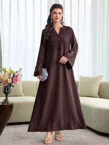 Mulvari Women Spring Summer Elegant Dark Brown Lace Embroidery Notch V Neck Button Front Loose Long Sleeve Modest Dress For Family Dinner Daily Outing - Coffee Brown - View 7