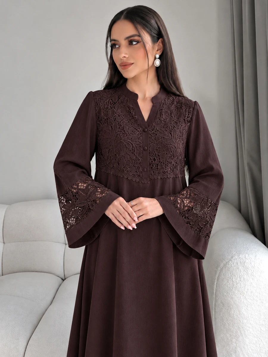 Mulvari Women Spring Summer Elegant Dark Brown Lace Embroidery Notch V Neck Button Front Loose Long Sleeve Modest Dress For Family Dinner Daily Outing - Coffee Brown - View 1