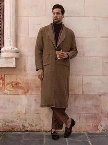 Mainfolk Men's Brown Houndstooth Trench Coat, Wide Long Single-Breasted Jacket, Brown Plaid, Autumn, Elegant, Formal Winter Earthy Fall Collection Coat - Multicolor - View 3