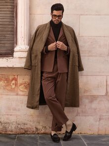 Mainfolk Men's Brown Houndstooth Trench Coat, Wide Long Single-Breasted Jacket, Brown Plaid, Autumn, Elegant, Formal Winter Earthy Fall Collection Coat - Multicolor - View 7