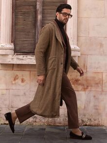 Mainfolk Men's Brown Houndstooth Trench Coat, Wide Long Single-Breasted Jacket, Brown Plaid, Autumn, Elegant, Formal Winter Earthy Fall Collection Coat - Multicolor - View 5